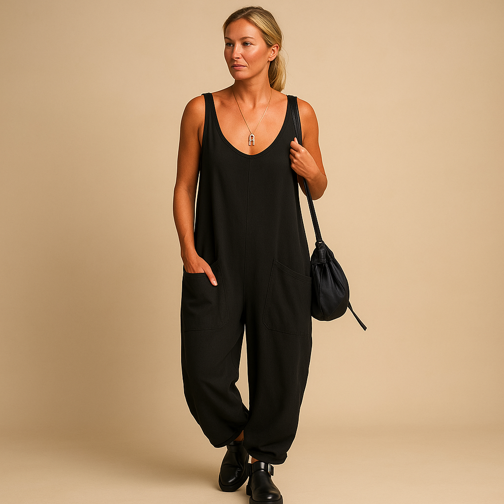 Women’s Relaxed V-Neck Jumpsuit with Patch Pockets – Lightweight Sleeveless Style for Summer Travel and Casual Days