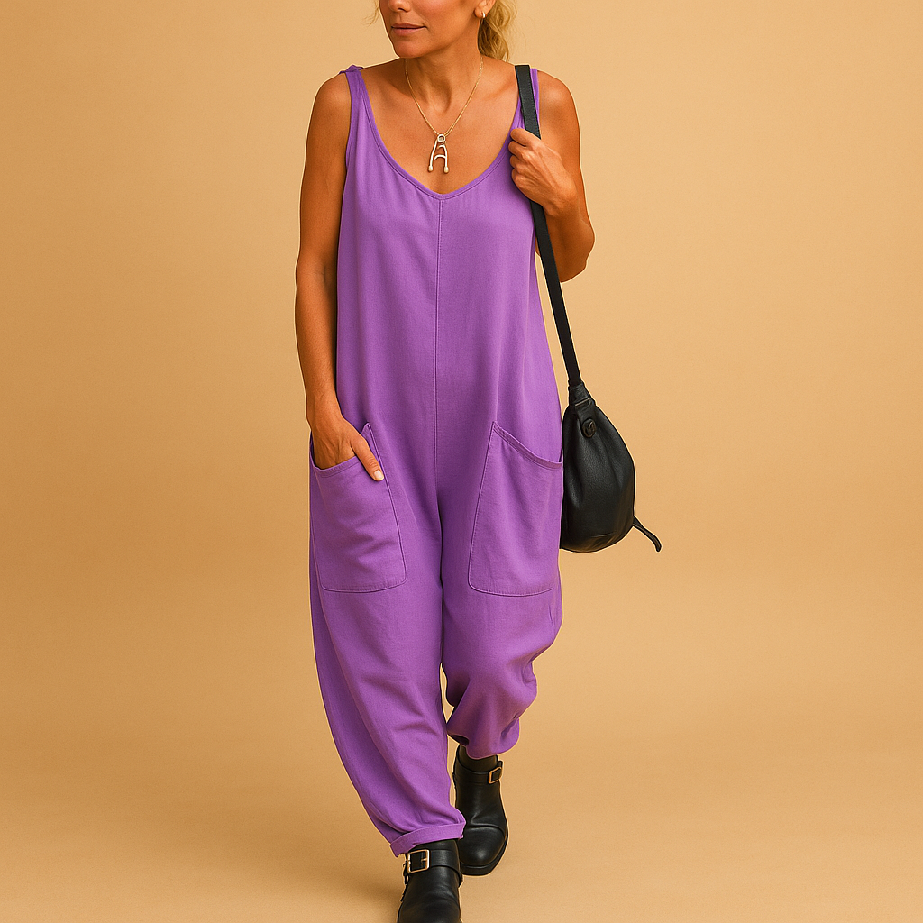Women’s Relaxed V-Neck Jumpsuit with Patch Pockets – Lightweight Sleeveless Style for Summer Travel and Casual Days