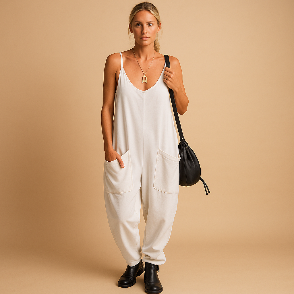 Women’s Relaxed V-Neck Jumpsuit with Patch Pockets – Lightweight Sleeveless Style for Summer Travel and Casual Days