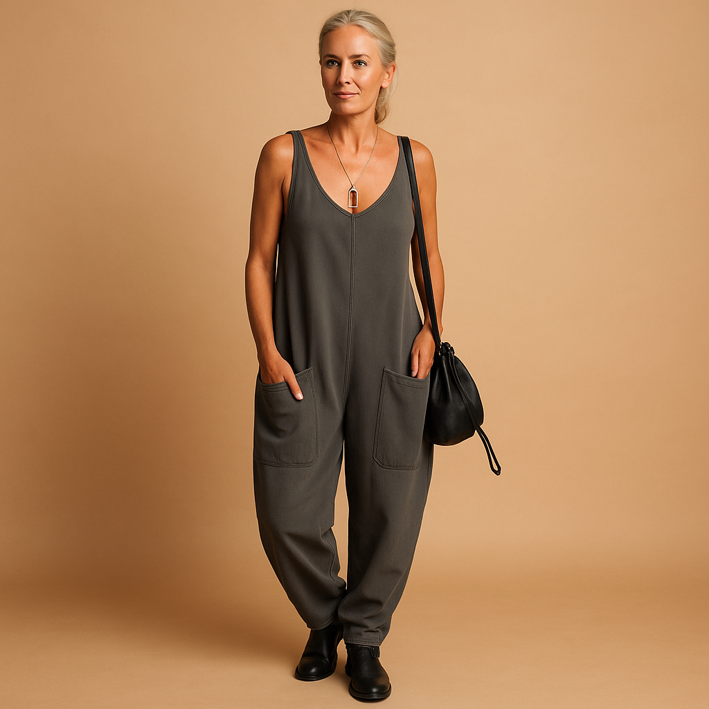 Women’s Relaxed V-Neck Jumpsuit with Patch Pockets – Lightweight Sleeveless Style for Summer Travel and Casual Days