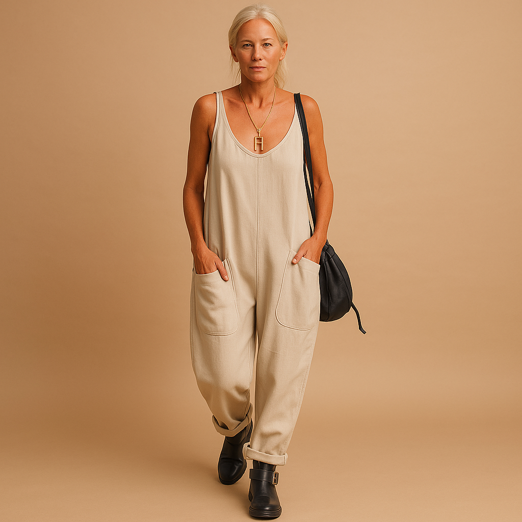 Women’s Relaxed V-Neck Jumpsuit with Patch Pockets – Lightweight Sleeveless Style for Summer Travel and Casual Days