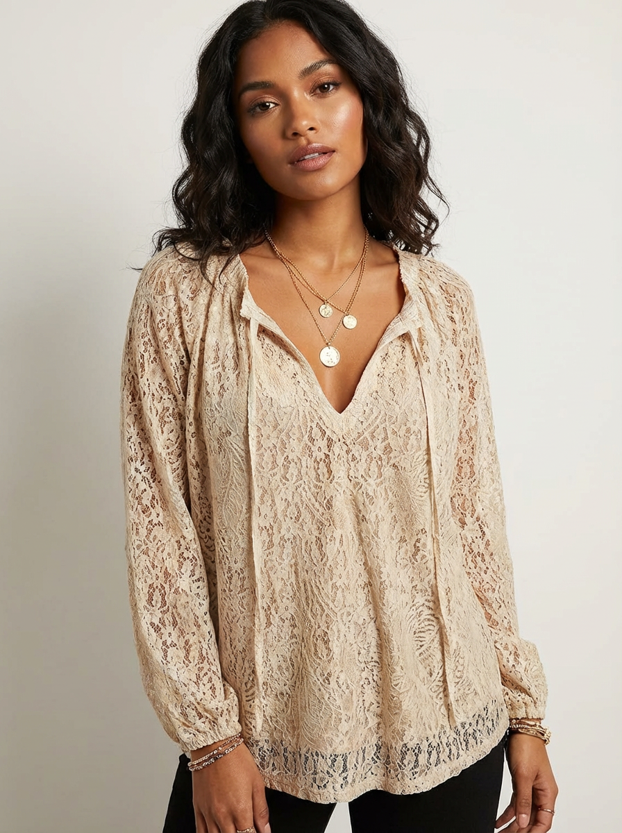 Women’s Textured Lace Blouse Relaxed Tie Neck Top