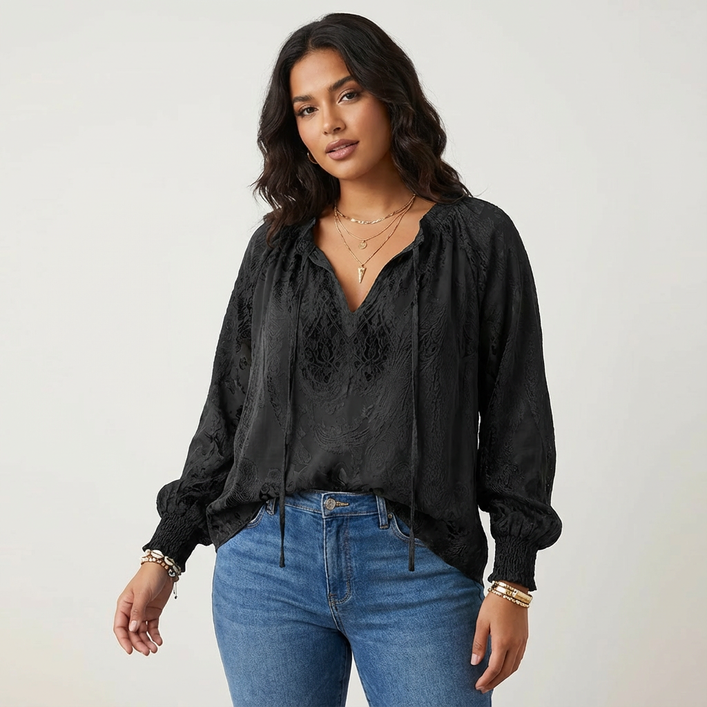 Damebluse med tekstureret blonde og løs bindehals