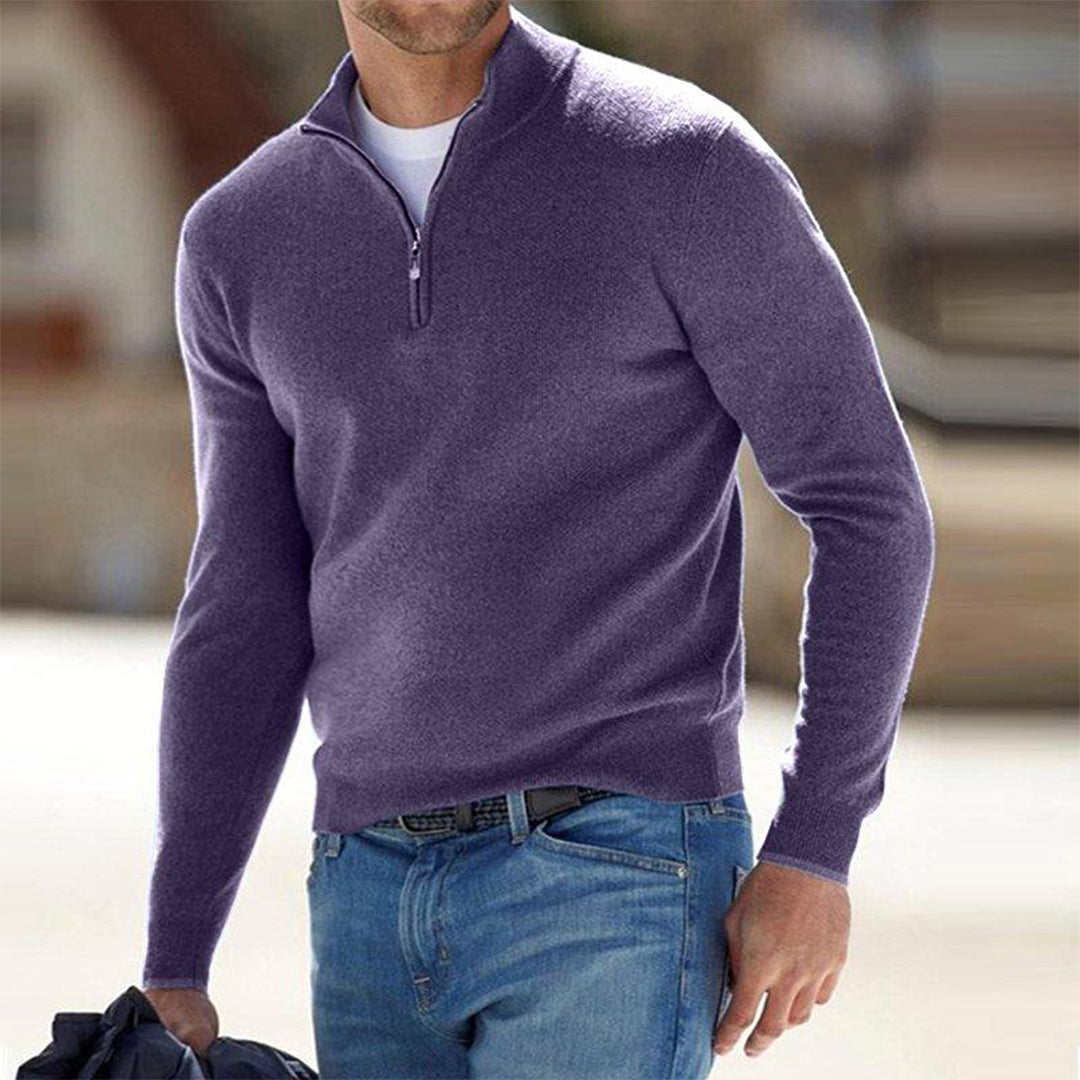 Suéter ligero para hombre con cremallera hasta el pecho y cuello alto