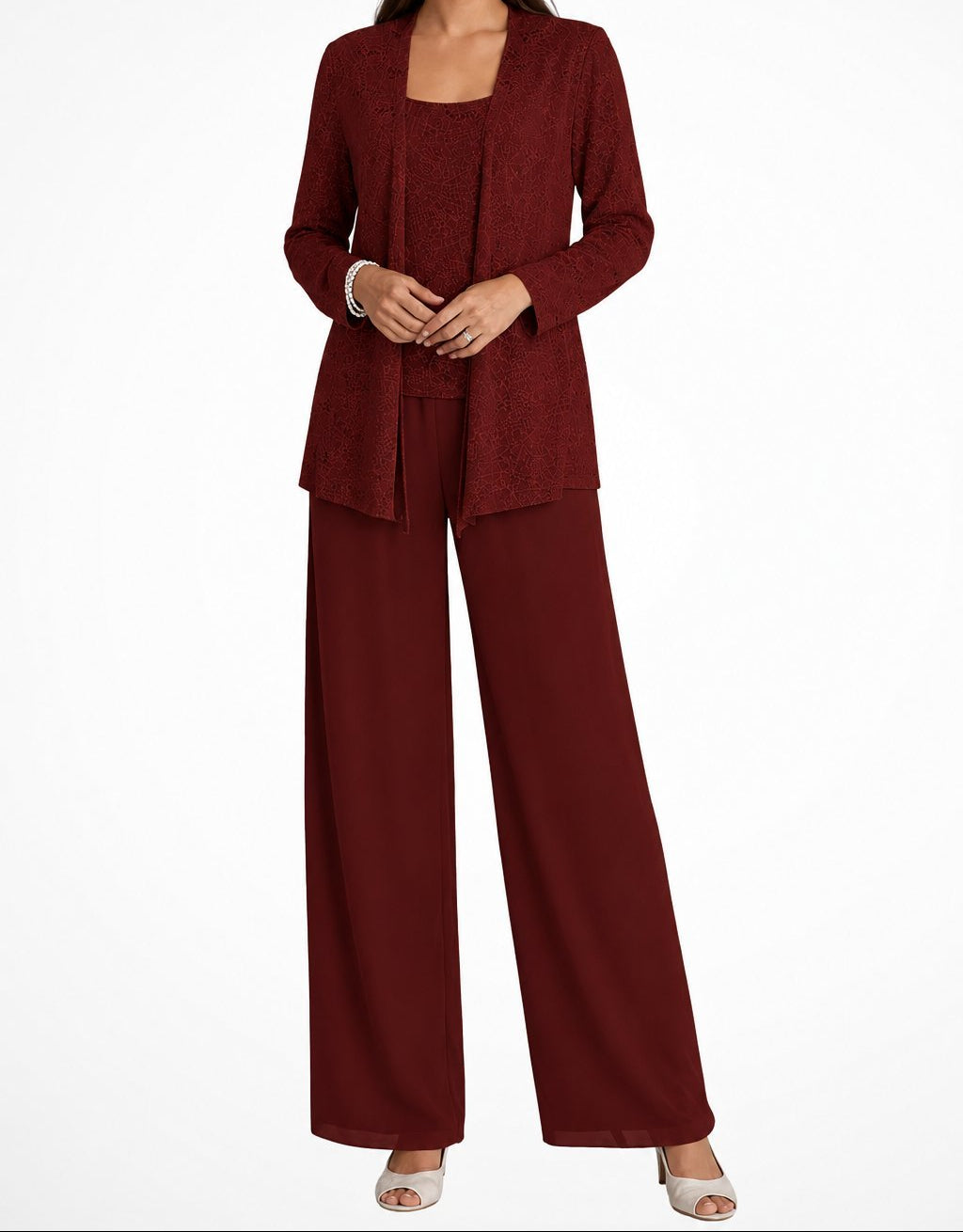 Conjunto de tres piezas para mujer con chaqueta de lentejuelas, top y pantalón palazzo, ideal para bodas y ocasiones especiales