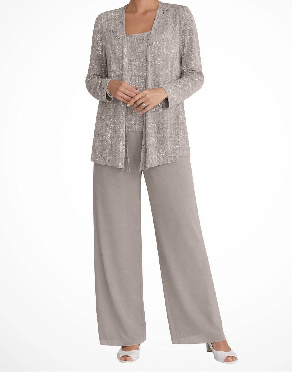 Conjunto de tres piezas para mujer con chaqueta de lentejuelas, top y pantalón palazzo, ideal para bodas y ocasiones especiales