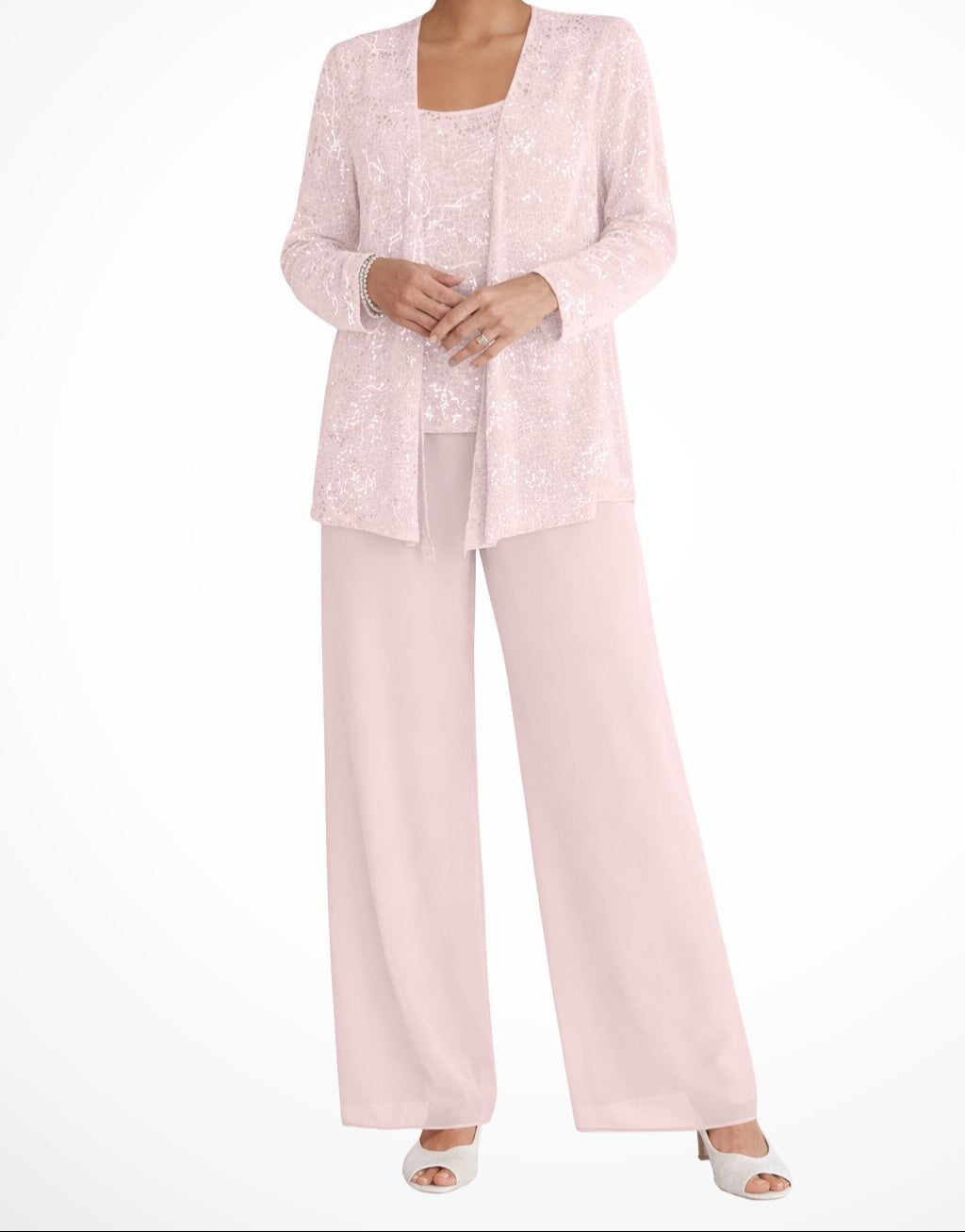 Conjunto de tres piezas para mujer con chaqueta de lentejuelas, top y pantalón palazzo, ideal para bodas y ocasiones especiales