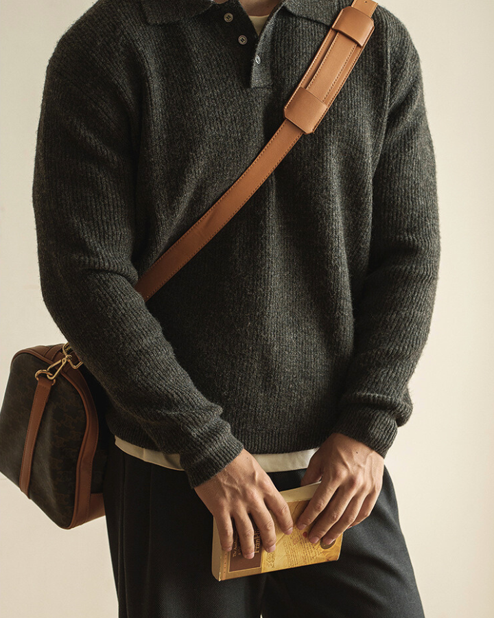 Men’s Ribbed Polo-Neck Sweater – Buttoned Knit for Autumn and Winter