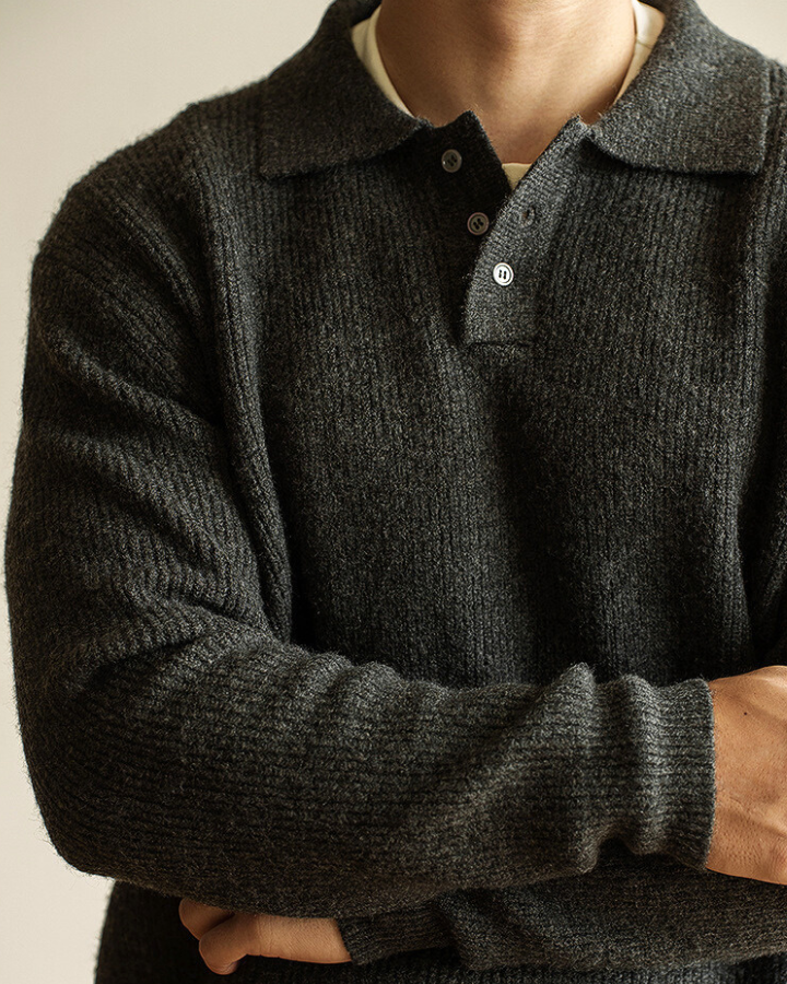 Men’s Ribbed Polo-Neck Sweater – Buttoned Knit for Autumn and Winter