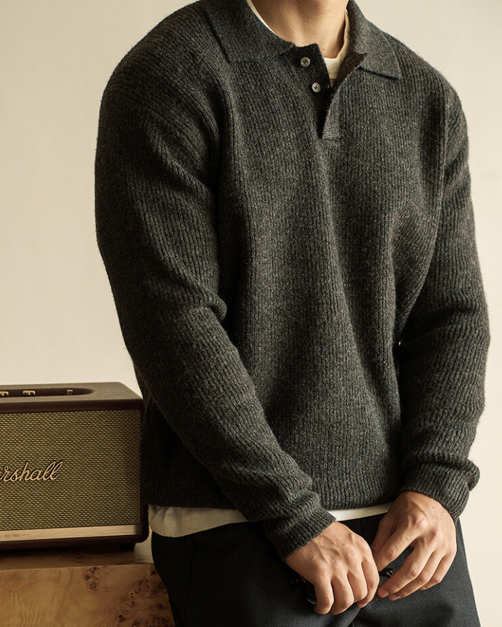 Men’s Ribbed Polo-Neck Sweater – Buttoned Knit for Autumn and Winter