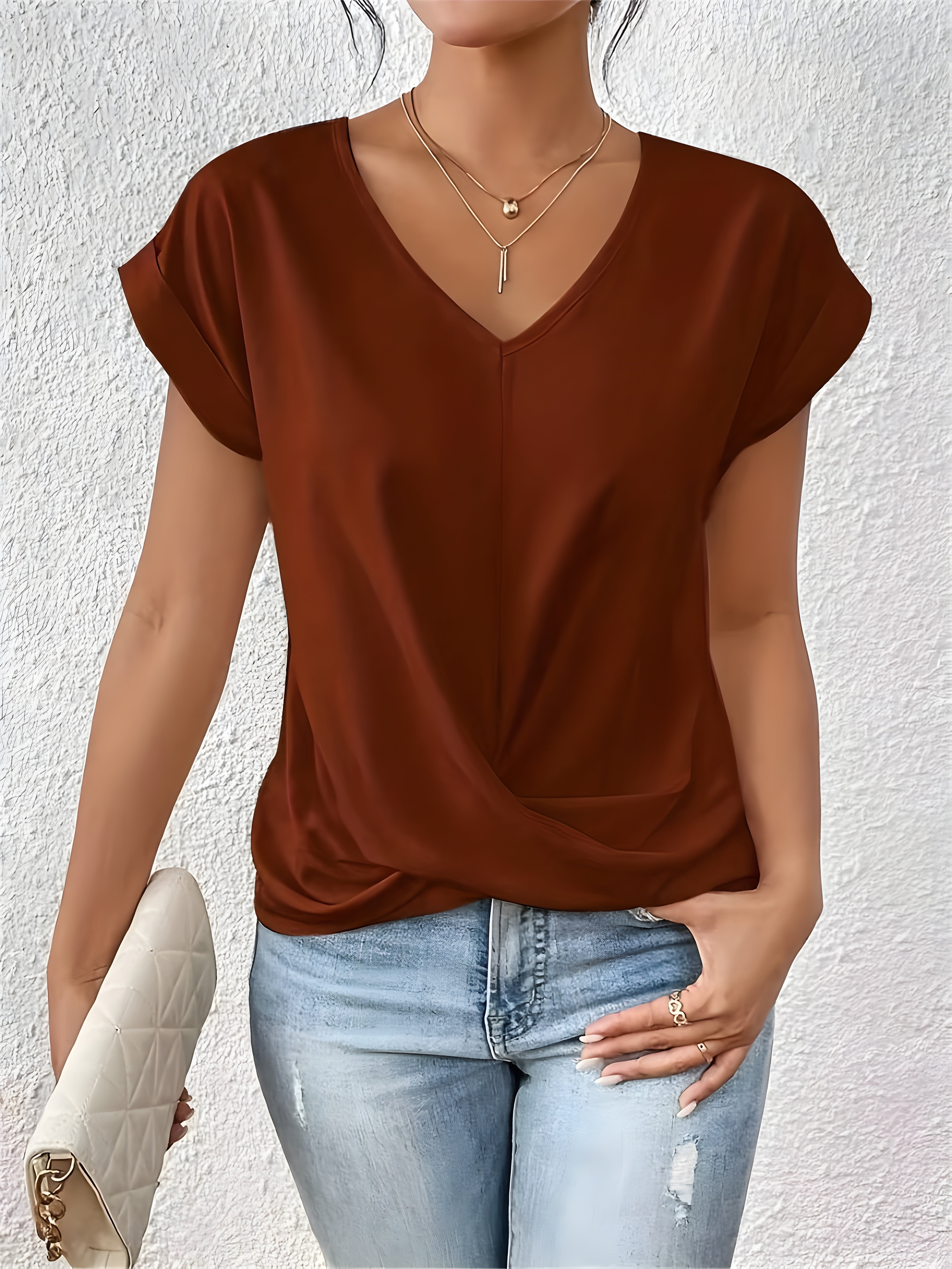 Blusa casual da donna con scollo a V e nodo frontale, maniche corte