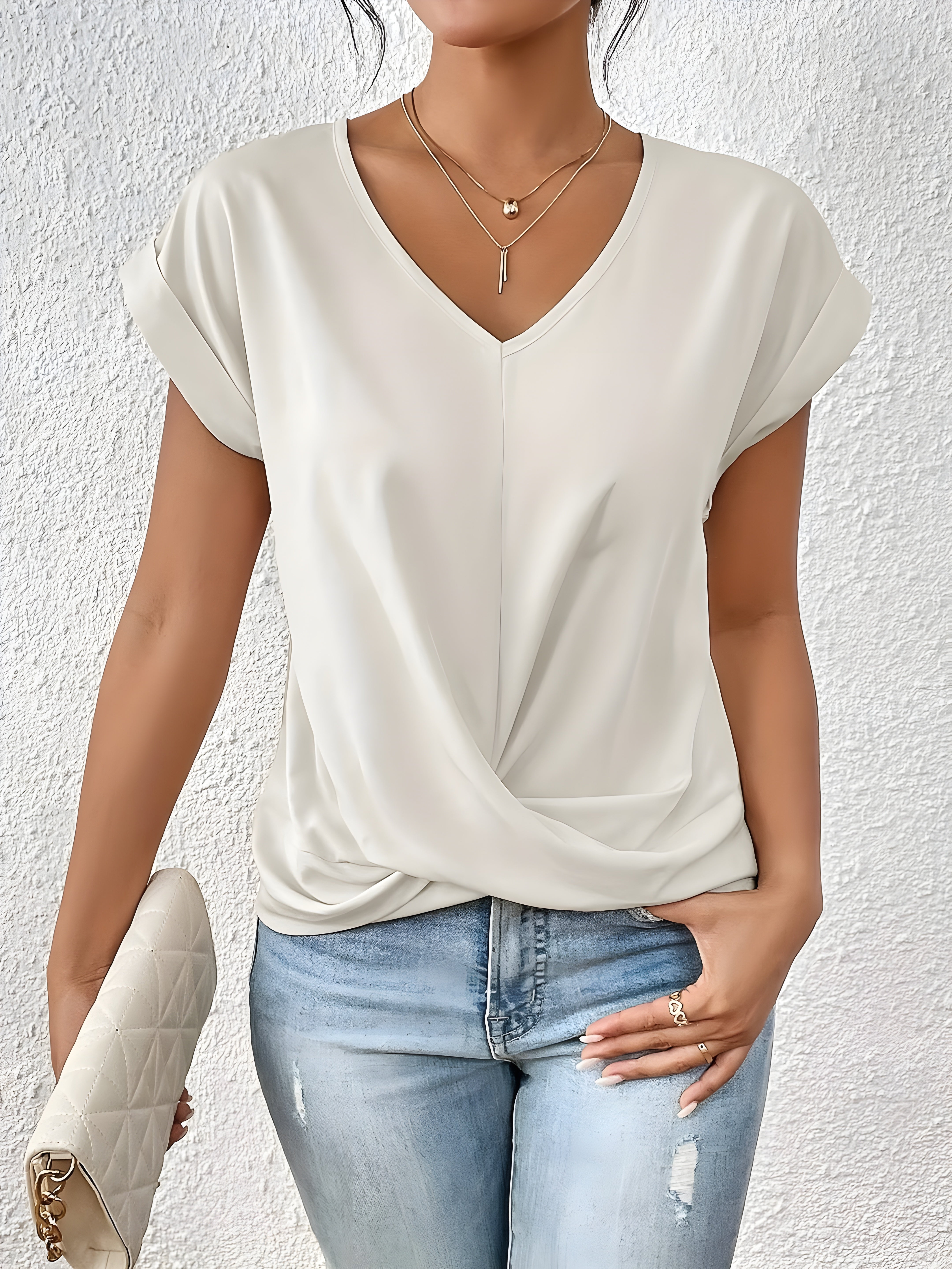 Blusa casual da donna con scollo a V e nodo frontale, maniche corte