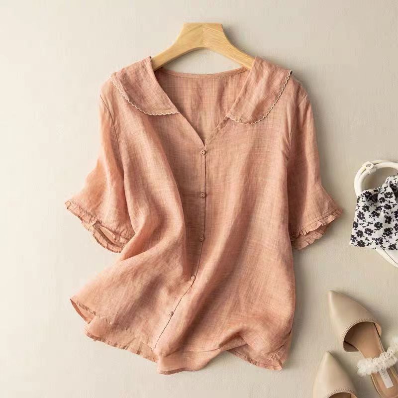 Women’s Peter Pan Collar Blouse – Short Sleeve Button-Front Top for Everyday Wear