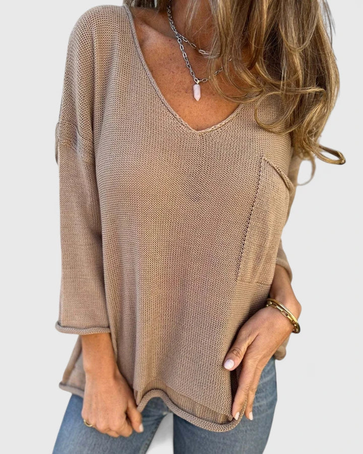 Women’s Relaxed V-Neck Knitted Top – Lightweight Long Sleeve Layer for Spring and Autumn