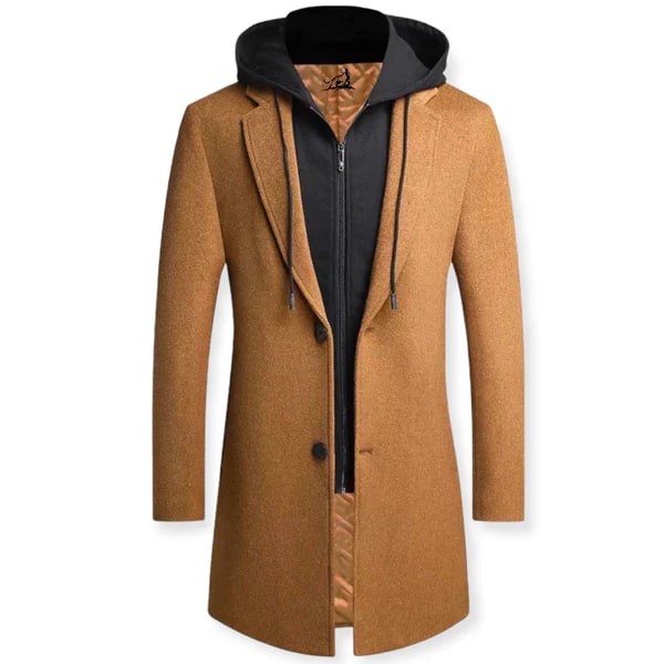 Pánský vrstvený kabát s kapucí - dlouhý vypasovaný kabát na knoflíky se vsadkou na zip pro podzimní elegantní volnočasové oblečení