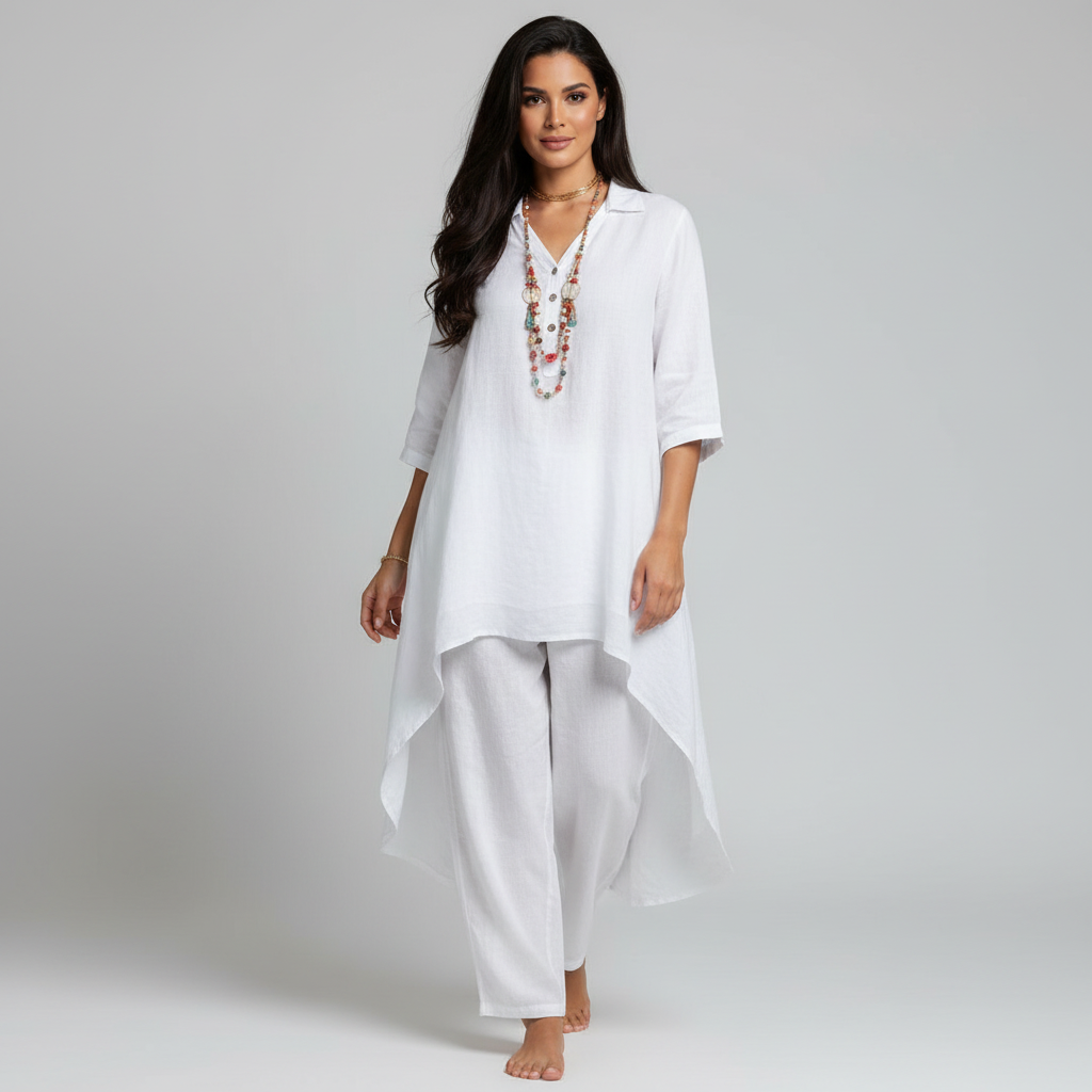 Women’s Linen Set Draped Tunic Relaxed Trousers