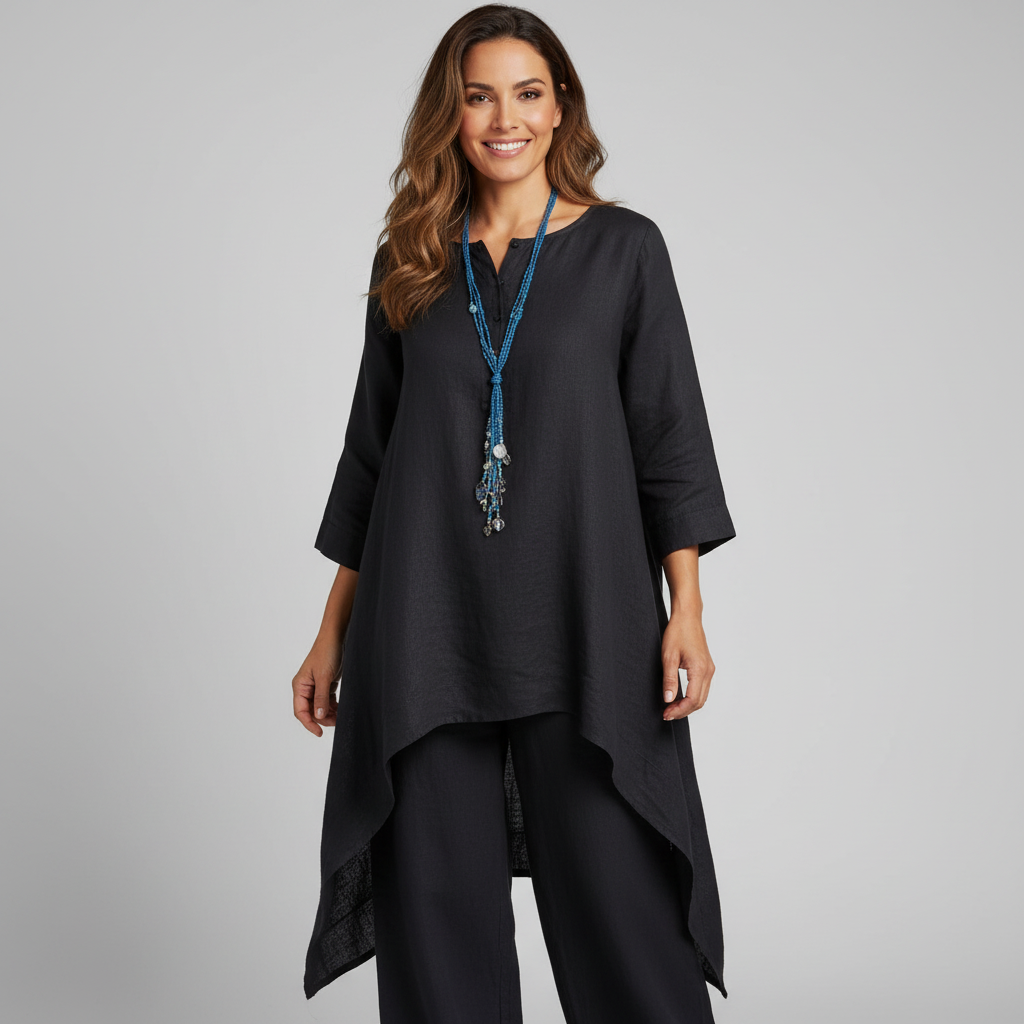 Women’s Linen Set Draped Tunic Relaxed Trousers