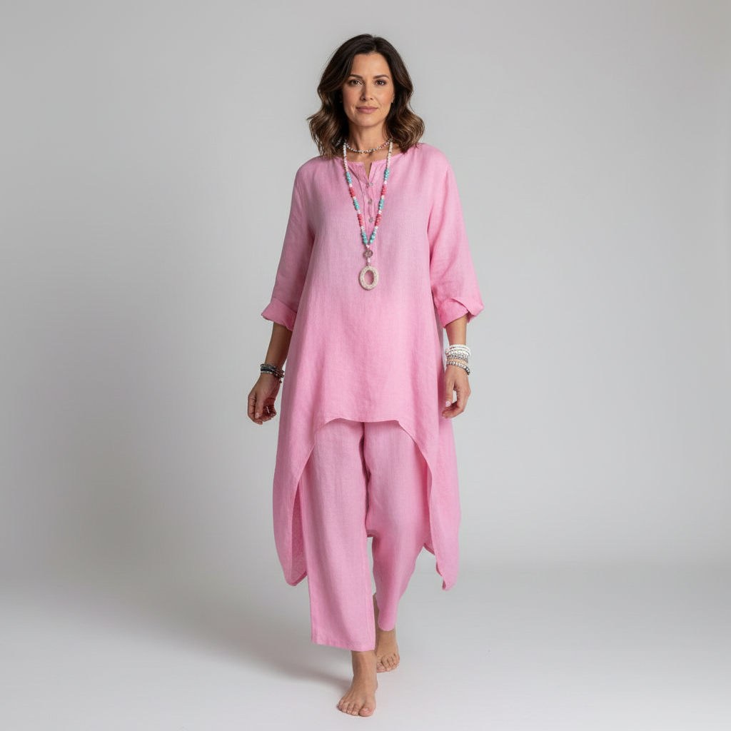 Women’s Linen Set Draped Tunic Relaxed Trousers