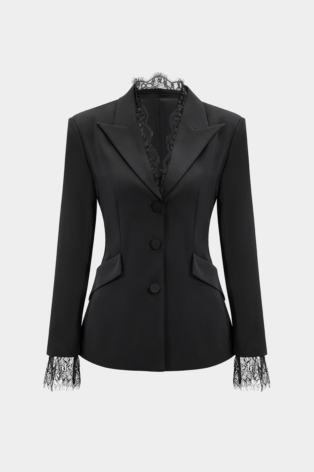 Blazer cambrat de damă cu un singur rând de nasturi și garnitură din dantelă - jachetă cambrată cu mâneci lungi și rever ascuțit, pentru birou și ocazii elegante