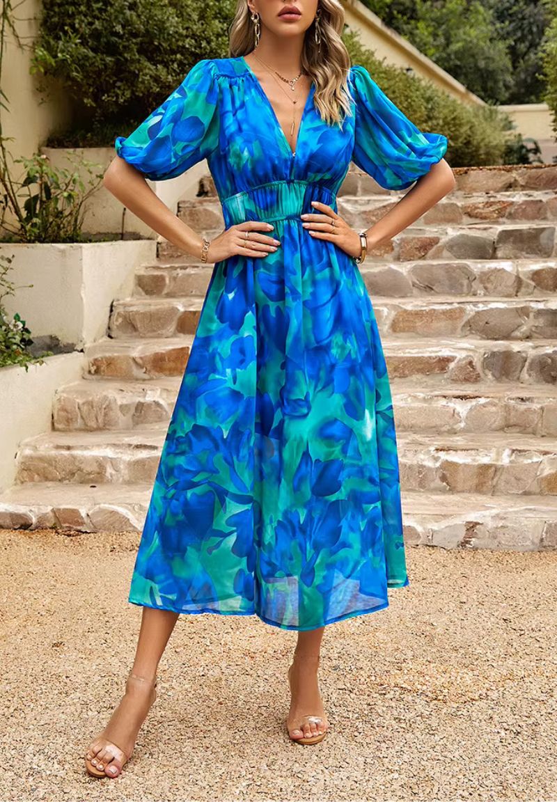 Rochie maxi de vară pentru femei, cu imprimeu floral, decolteu în V, mâneci bufante și croială fluidă