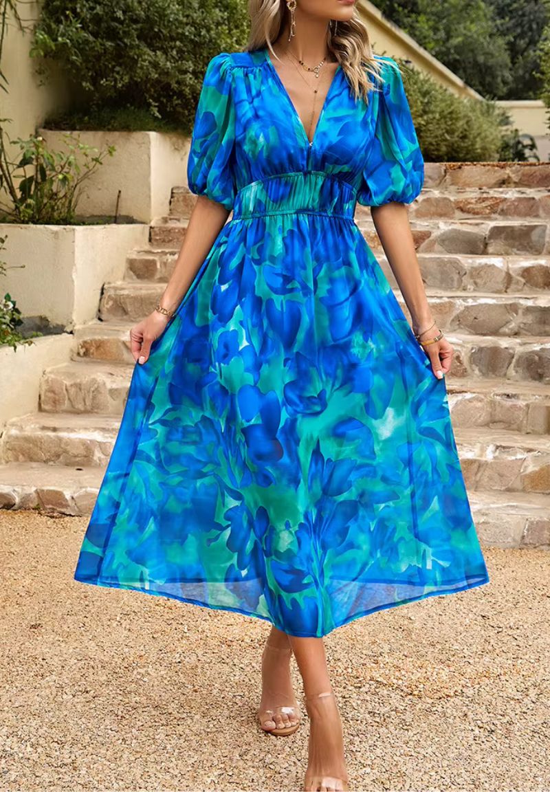 Rochie maxi de vară pentru femei, cu imprimeu floral, decolteu în V, mâneci bufante și croială fluidă