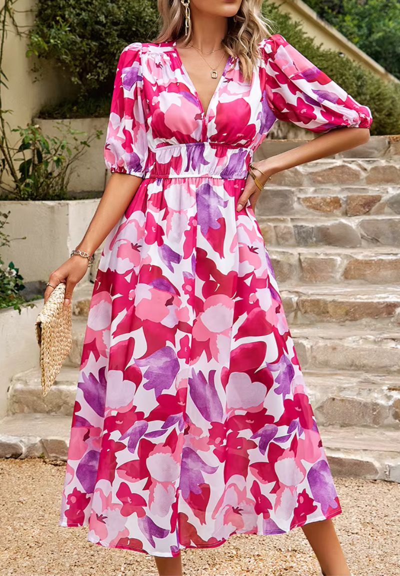 Rochie maxi de vară pentru femei, cu imprimeu floral, decolteu în V, mâneci bufante și croială fluidă