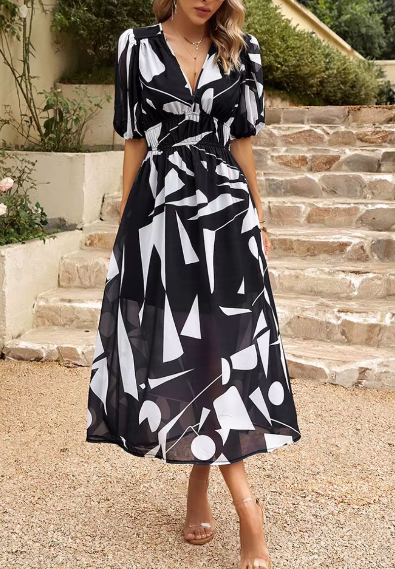 Rochie maxi de vară pentru femei, cu imprimeu floral, decolteu în V, mâneci bufante și croială fluidă
