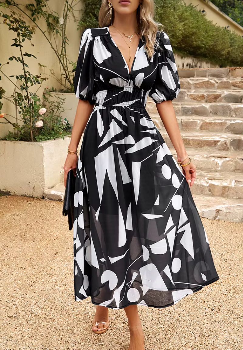 Rochie maxi de vară pentru femei, cu imprimeu floral, decolteu în V, mâneci bufante și croială fluidă