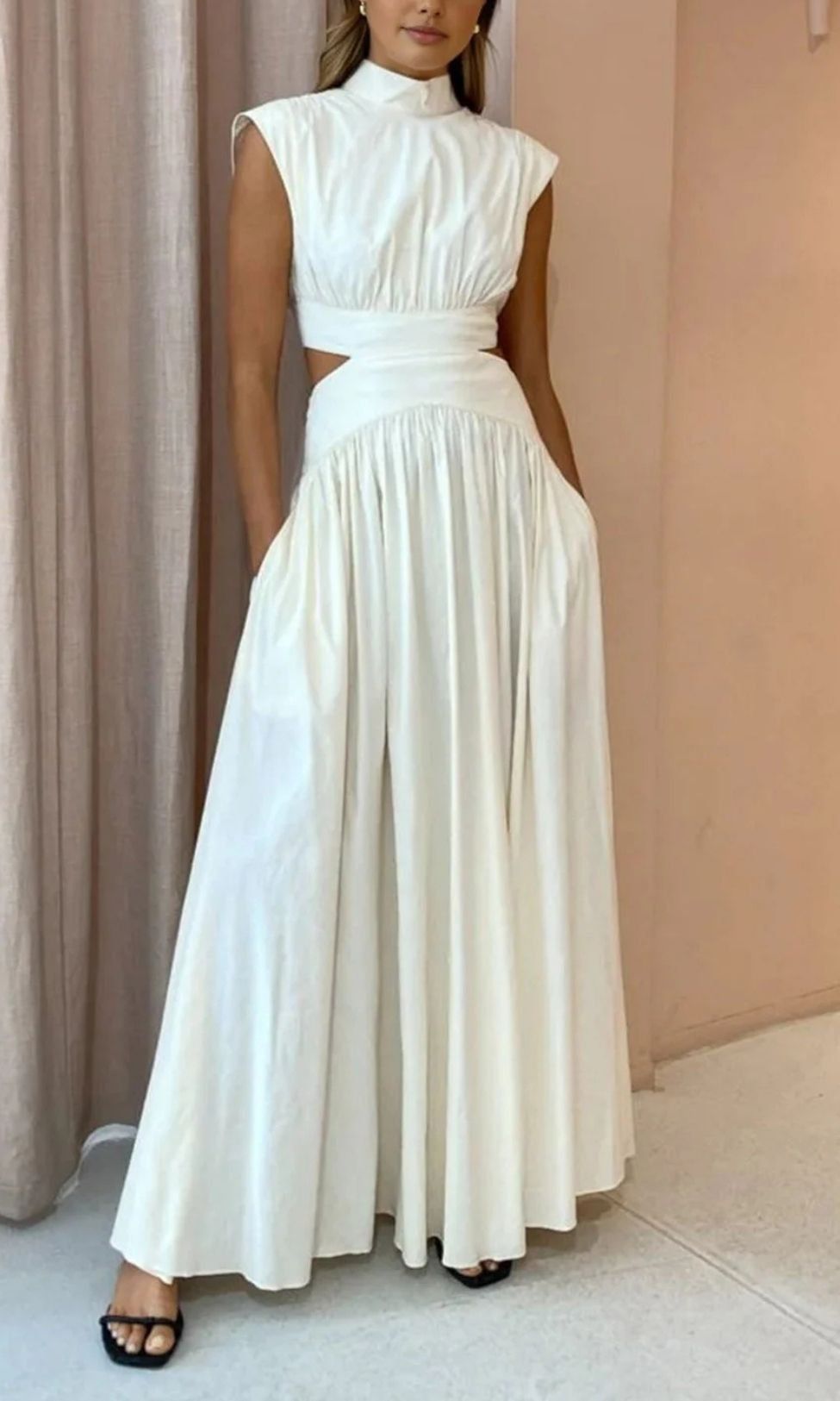 Women’s High Neck Maxi Dress Sleeveless Cut Out Waist Elegant Flowing Style