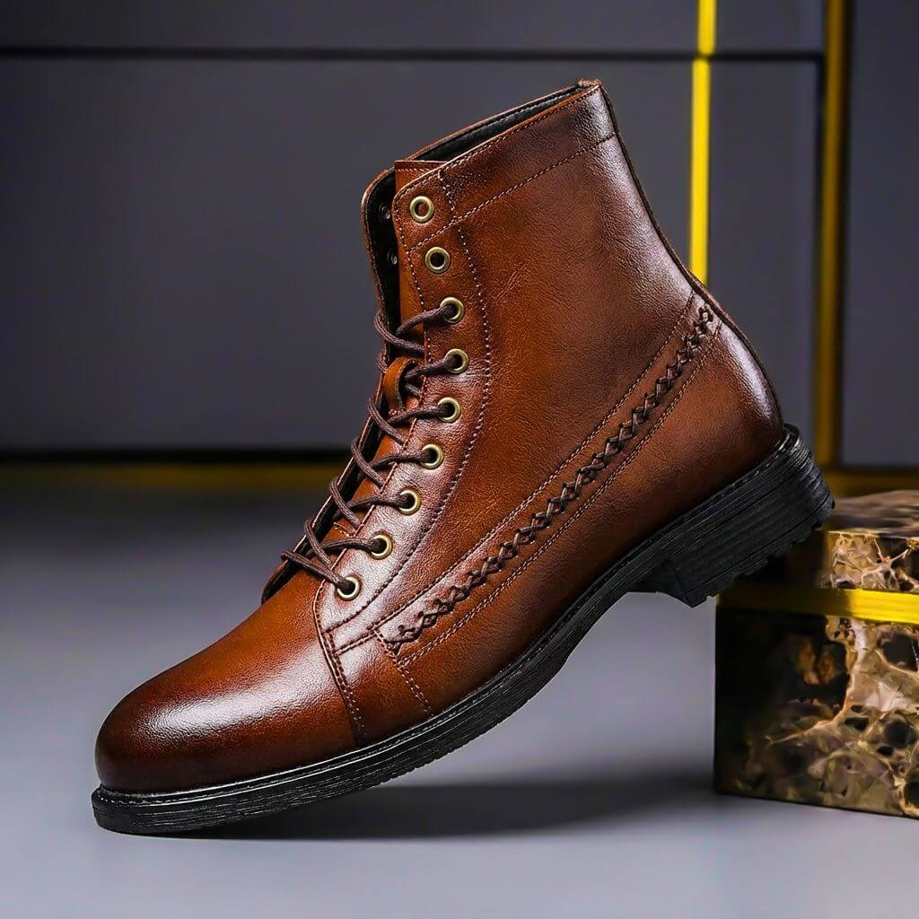 Bottines montantes à lacets pour homme en véritable cuir italien – chaussures élégantes et décontractées pour le bureau, pour l’automne et l’hiver
