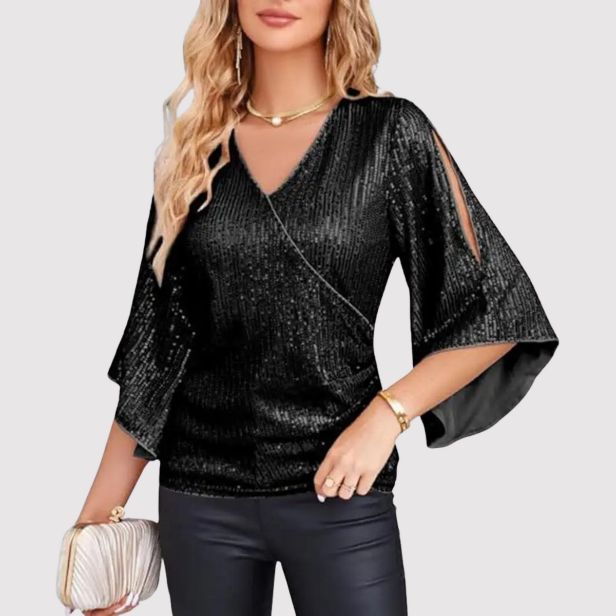 Elegante paillettenwikkelblouse voor dames met V-hals en splitmouwen met wijde pijpen - glanzende avondtop voor feesten en bijzondere gelegenheden