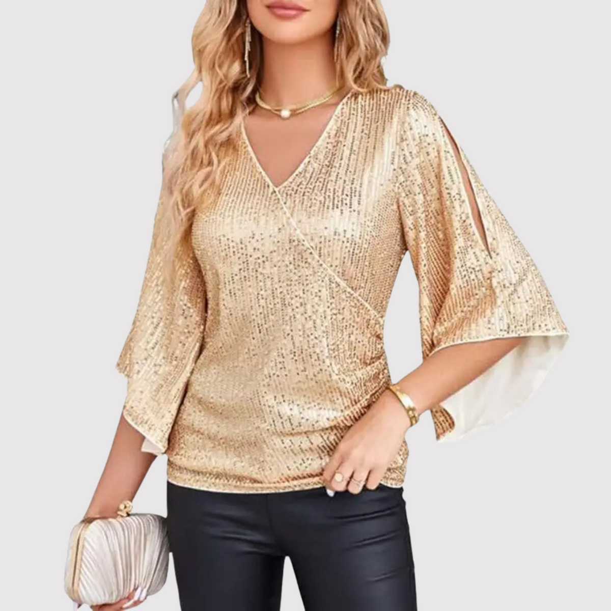 Elegante paillettenwikkelblouse voor dames met V-hals en splitmouwen met wijde pijpen - glanzende avondtop voor feesten en bijzondere gelegenheden