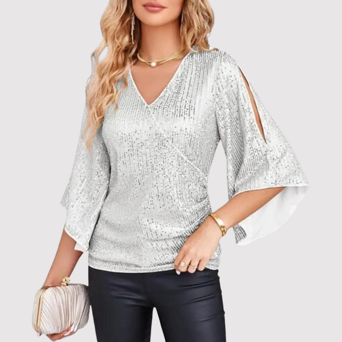 Elegante paillettenwikkelblouse voor dames met V-hals en splitmouwen met wijde pijpen - glanzende avondtop voor feesten en bijzondere gelegenheden
