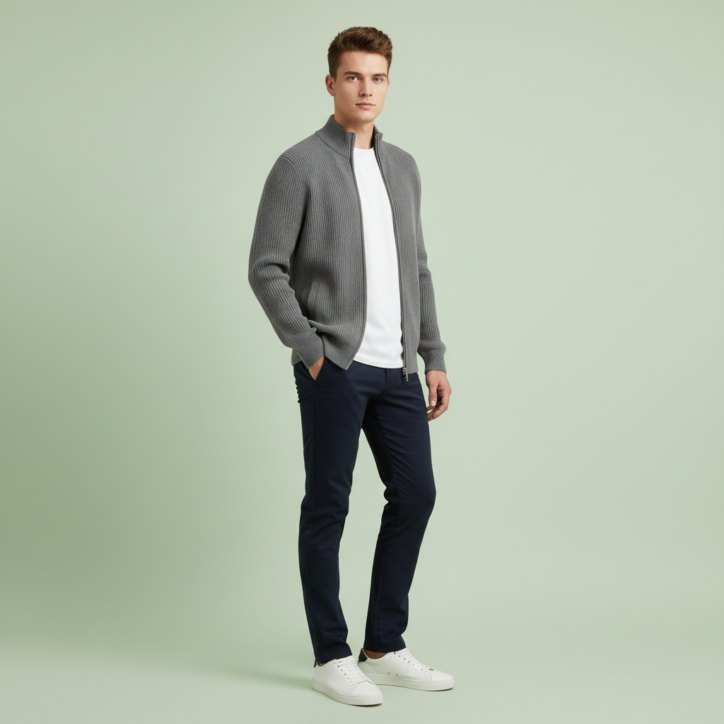 Men’s Stand-Collar Zip Cardigan – Slim-Fit Ribbed Knit for Office and Weekend Wear
