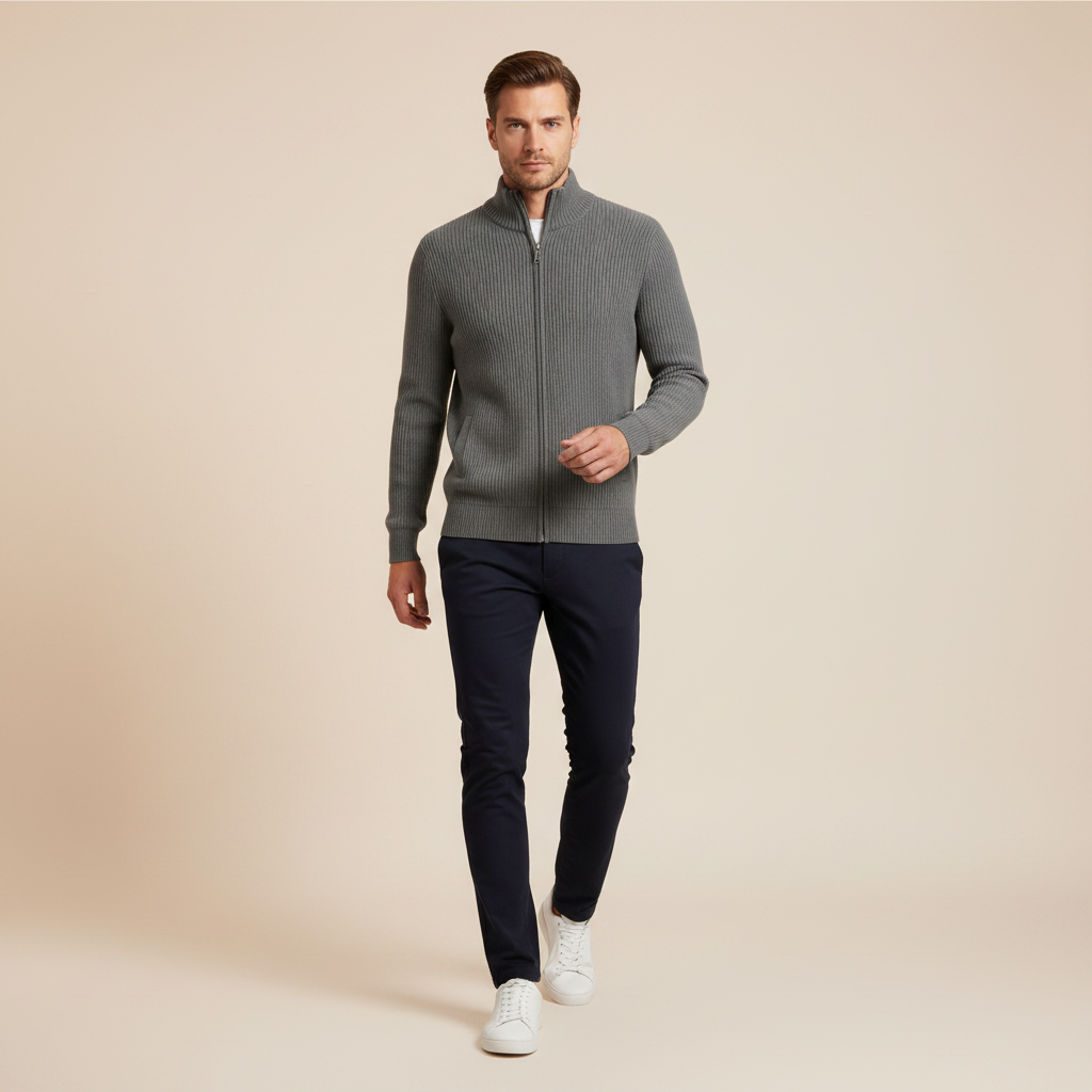 Men’s Stand-Collar Zip Cardigan – Slim-Fit Ribbed Knit for Office and Weekend Wear
