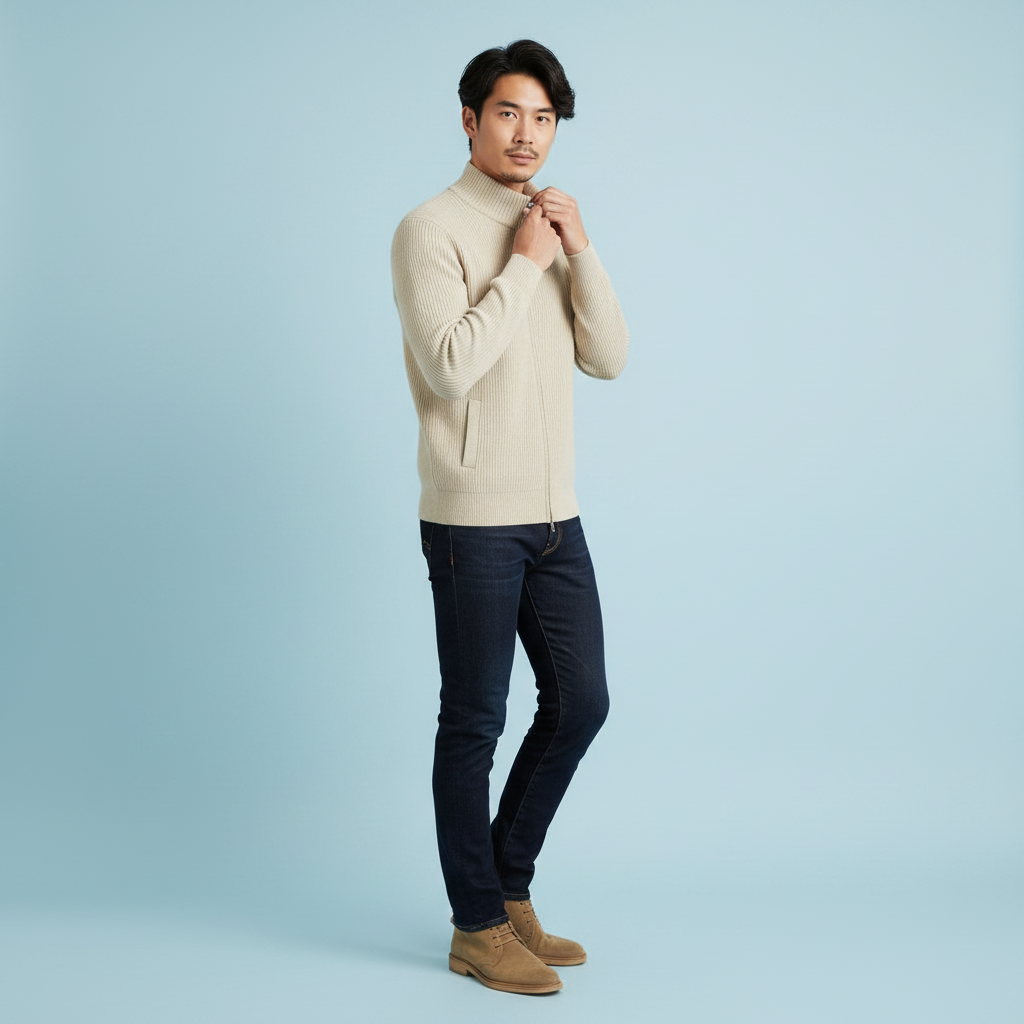 Men’s Stand-Collar Zip Cardigan – Slim-Fit Ribbed Knit for Office and Weekend Wear