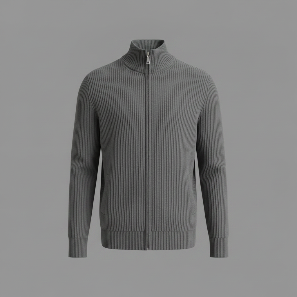 Men’s Stand-Collar Zip Cardigan – Slim-Fit Ribbed Knit for Office and Weekend Wear