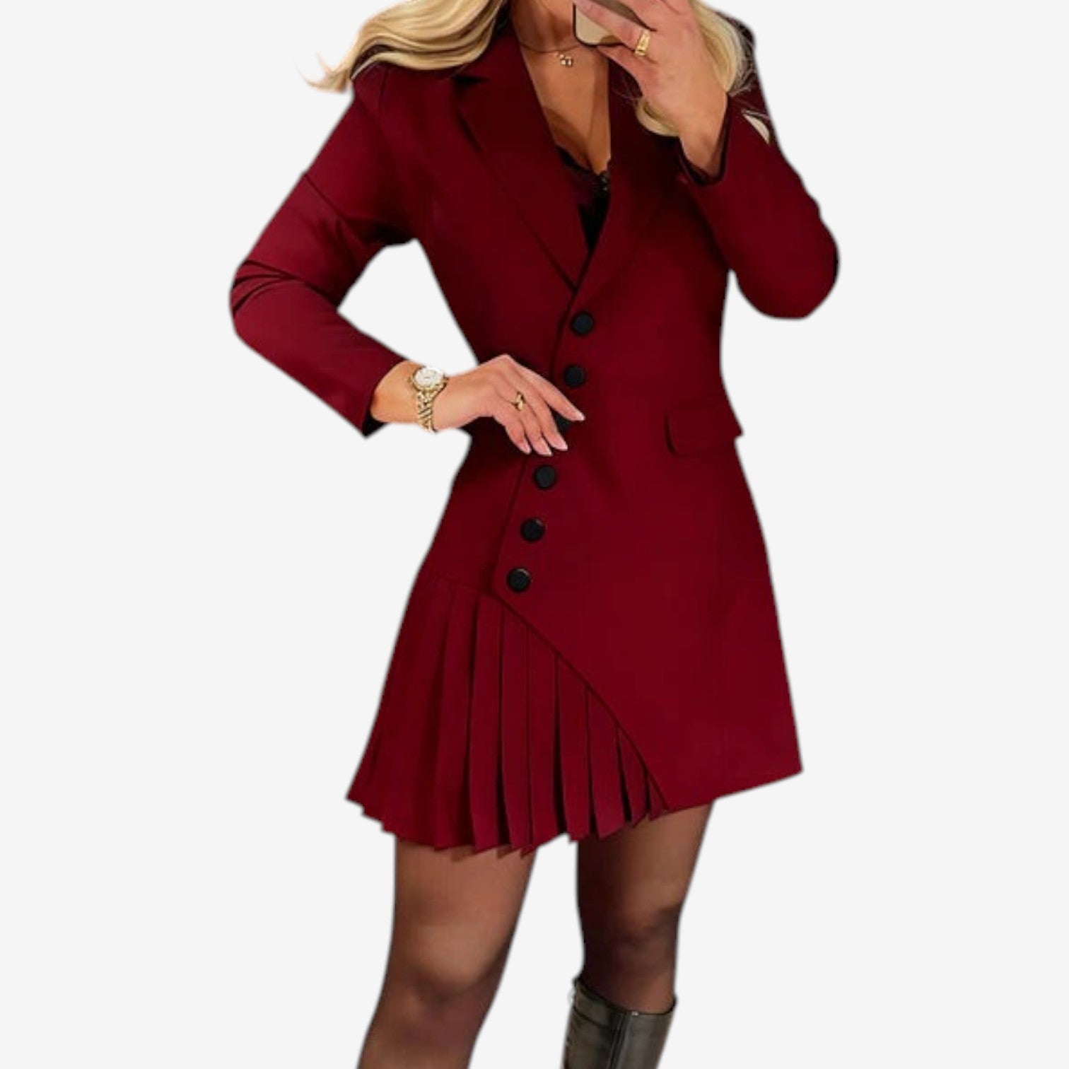 Women’s Tailored Blazer Mini Dress – Pleated Smart Casual Wear for Office and Evenings