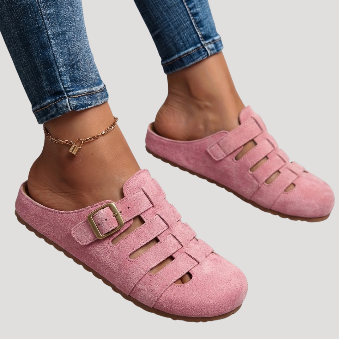 Women’s Closed-Toe Flat Clogs – Breathable Buckled Slip-On Shoes for Work and Daily Wear