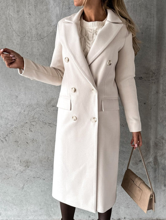 Women’s Double-Breasted Long Winter Coat – Tailored Lapel Layer for Elegant Cold-Weather Wear