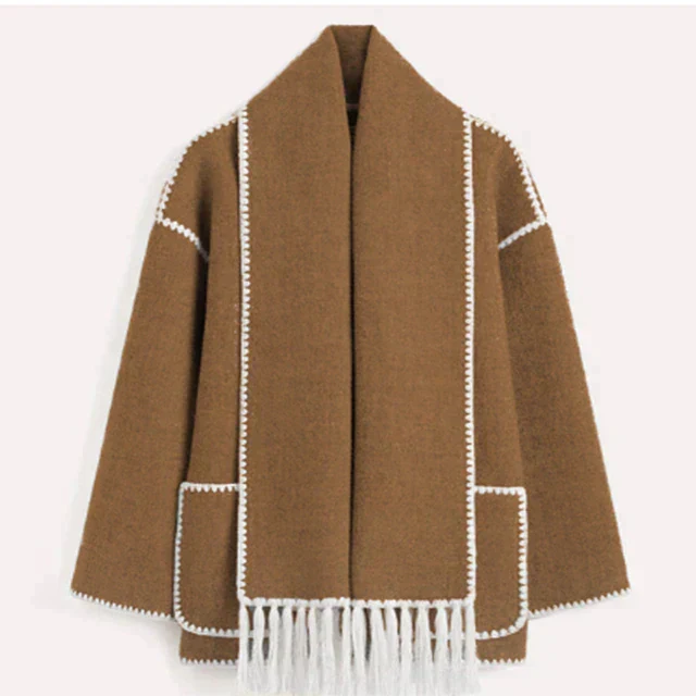 Women’s Oversized Scarf-Detail Winter Jacket – Contrast-Stitch Button Layer for Cold-Weather Styling