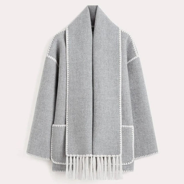 Women’s Oversized Scarf-Detail Winter Jacket – Contrast-Stitch Button Layer for Cold-Weather Styling
