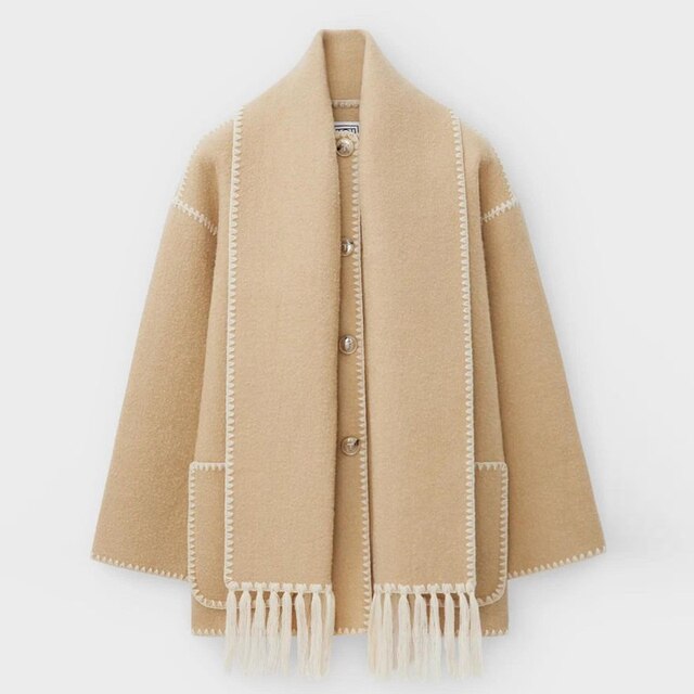 Women’s Oversized Scarf-Detail Winter Jacket – Contrast-Stitch Button Layer for Cold-Weather Styling
