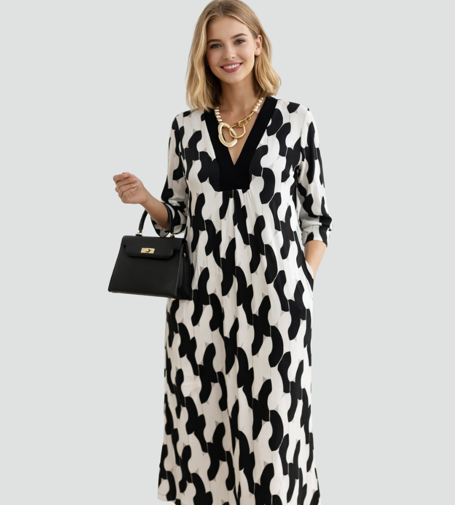 Women’s Printed Maxi Dress V Neck Three Quarter Sleeves