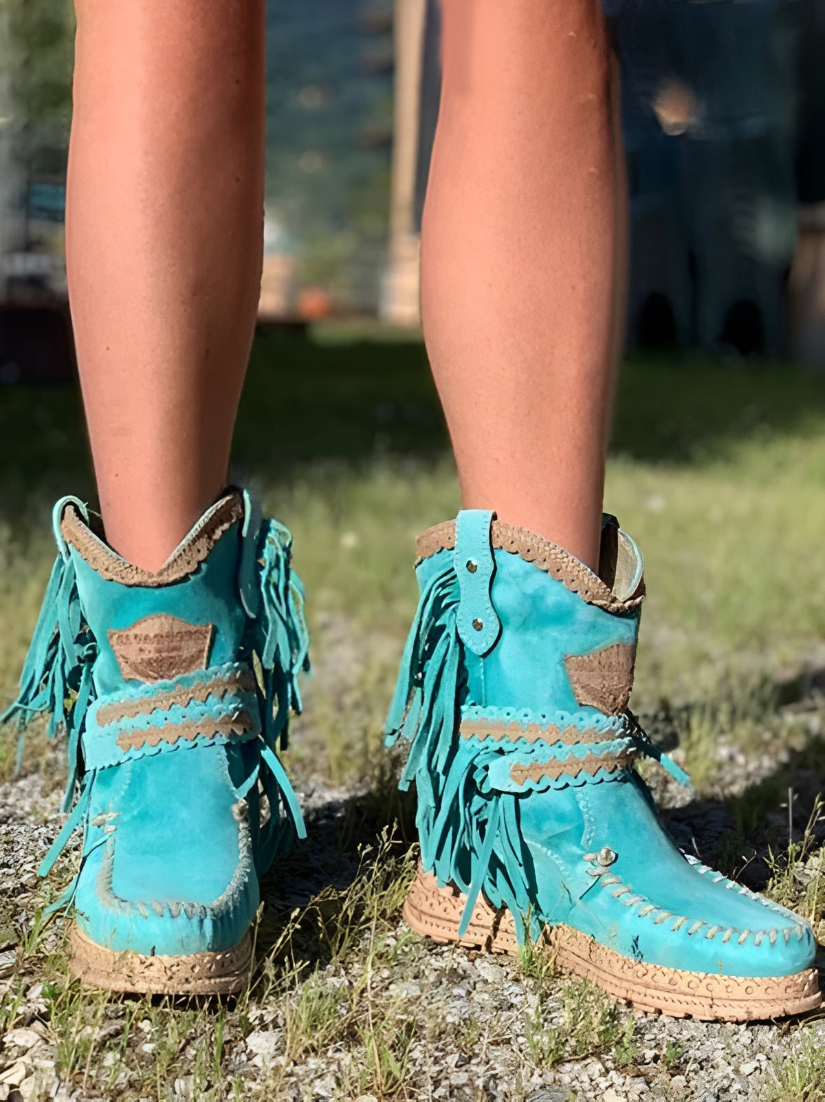 Stivaletti boho da donna alla caviglia – stile western con frange per un look casual