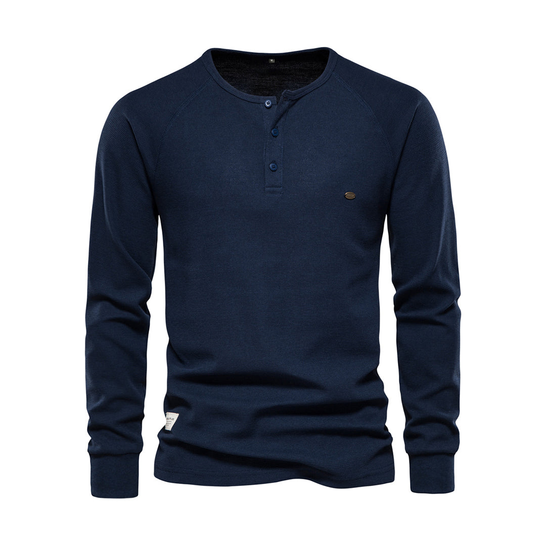 Men’s Long Sleeve Henley Shirt Waffle Texture Casual Fit