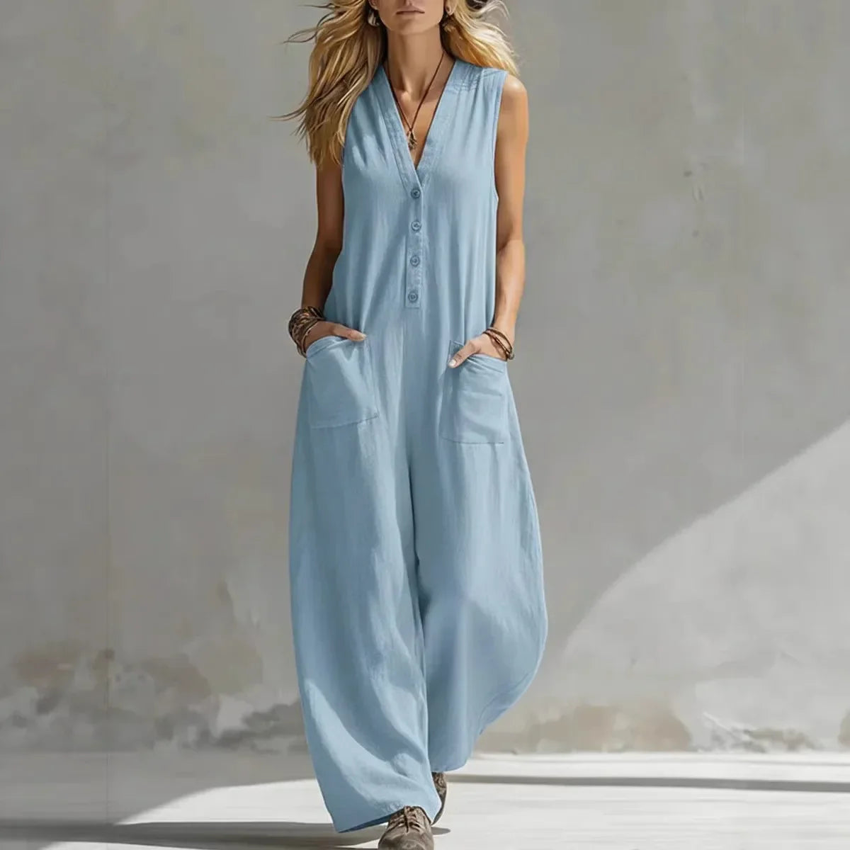 Women’s Wide Leg Jumpsuit with Button Front Pockets