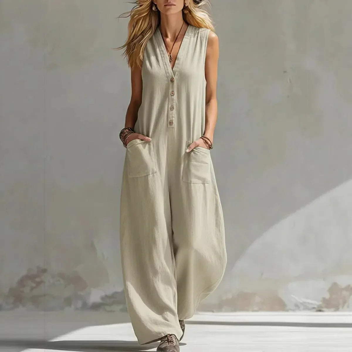 Women’s Wide Leg Jumpsuit with Button Front Pockets