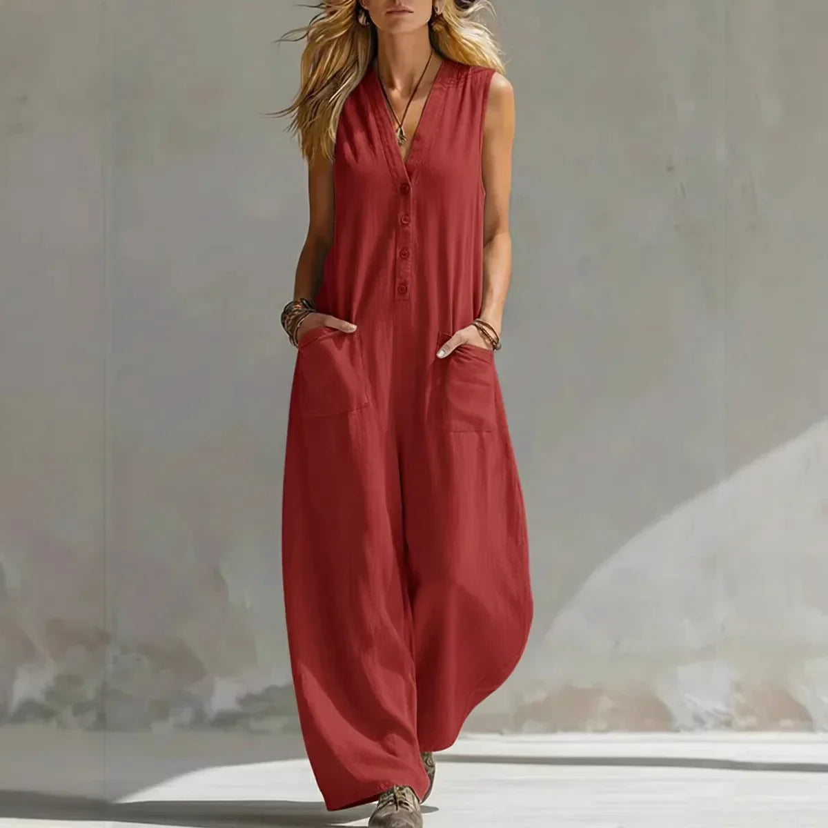 Women’s Wide Leg Jumpsuit with Button Front Pockets