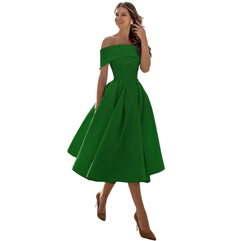 Women’s Dress Off-Shoulder Pleated A-Line Midi Silhouette